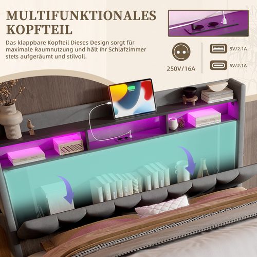 Cadre De Lit Tapissé 140x200 Cm Avec Éclairage LED, Rangement Intégré Et USB Type-c, Gris Foncé