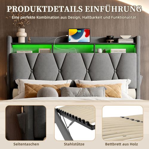 Cadre De Lit Tapissé 140x200 Cm Avec Éclairage LED, Rangement Intégré Et USB Type-c, Gris Foncé