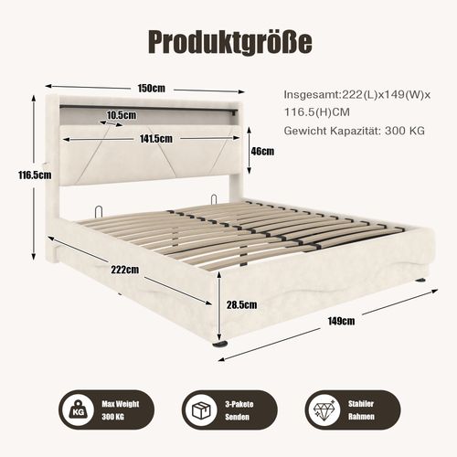 Lit Tapissier Moderne 160x200 Cm Avec Tête LED, Rangements Et Ports USB, Beige