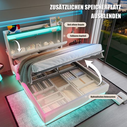 Lit Tapissier Moderne 160x200 Cm Avec Tête LED, Rangements Et Ports USB, Beige