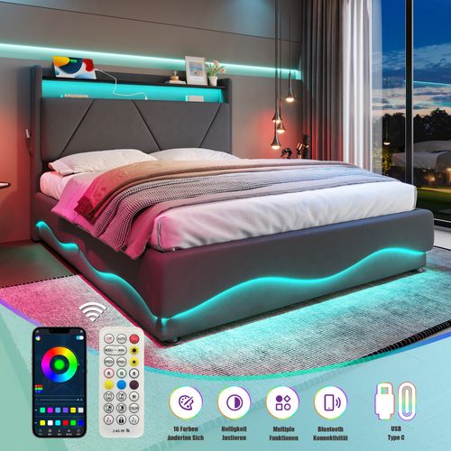 Lit Tapissier Moderne 160x200 Cm Avec Tête LED, Rangements Et Ports USB, Gris Foncé