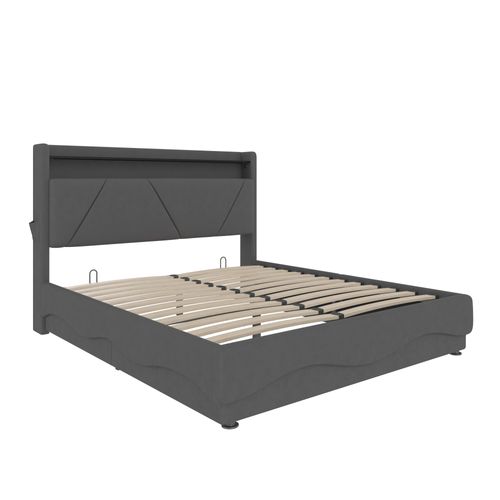 Lit Tapissier Moderne 160x200 Cm Avec Tête LED, Rangements Et Ports USB, Gris Foncé