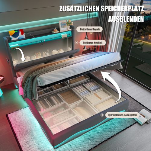 Lit Tapissier Moderne 160x200 Cm Avec Tête LED, Rangements Et Ports USB, Gris Foncé