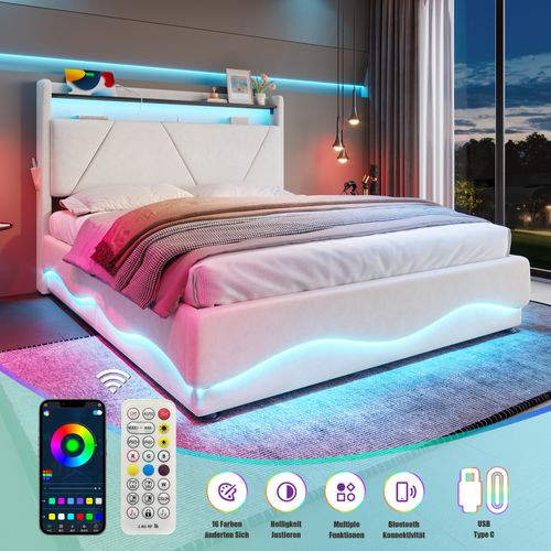 Lit Tapissier Moderne 160x200 Cm Avec Tête LED, Rangements Et Ports USB, Beige