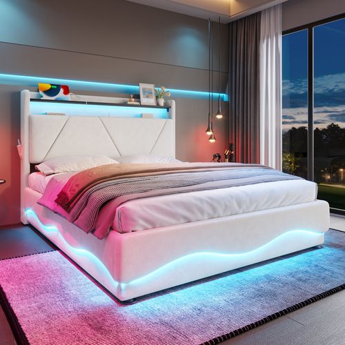 Lit Tapissier Moderne 160x200 Cm Avec Tête LED, Rangements Et Ports USB, Beige