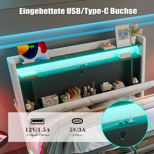 Lit Tapissier Moderne 160x200 Cm Avec Tête LED, Rangements Et Ports USB, Beige
