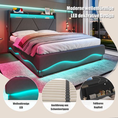 Lit Tapissier Moderne 160x200 Cm Avec Tête LED, Rangements Et Ports USB, Gris Foncé