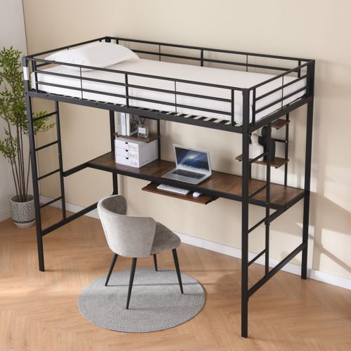 Lit Mezzanine En Métal 90x190 Cm Avec Bureau Intégré Et Rangements, Style Moderne, Noir