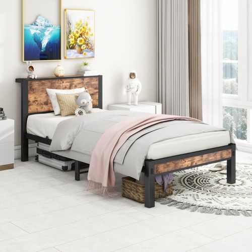 Lit Simple Métallique 90x200 Cm Avec Tête De Lit Rangement, Design Vintage Brun
