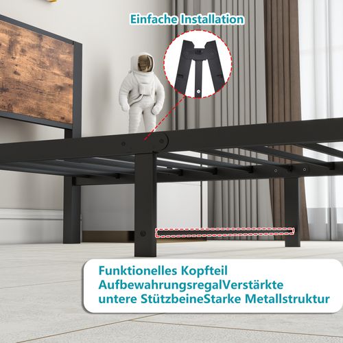 Lit Simple Métallique 90x200 Cm Avec Tête De Lit Rangement, Design Vintage Brun