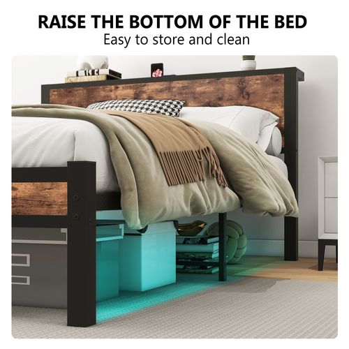 Lit Simple Métallique 140x200 Cm Avec Tête De Lit Rangement, Design Vintage Brun