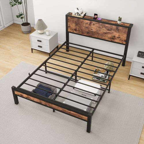 Lit Simple Métallique 140x200 Cm Avec Tête De Lit Rangement, Design Vintage Brun