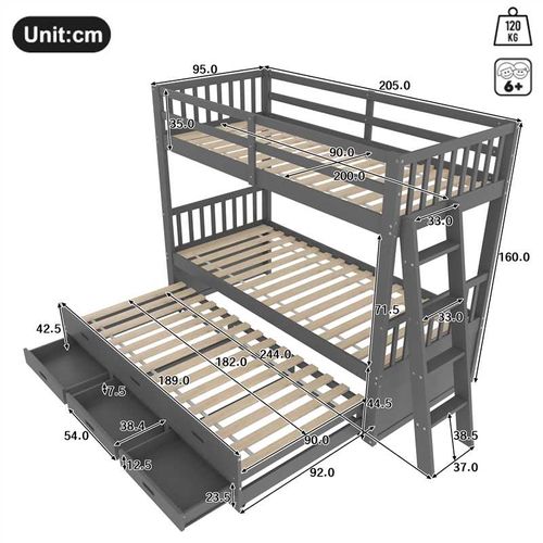 Lit Superposé Enfant 90x200 Cm Avec Lit Gigogne Et 3 Tiroirs, Gris