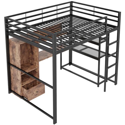 Lit Mezzanine 140x200 Cm Métal Avec LED, Bureau, Tiroir Et Étagères, Noir