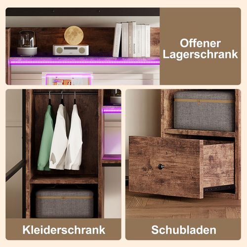 Lit Mezzanine 140x200 Cm Métal Avec LED, Bureau, Tiroir Et Étagères, Noir