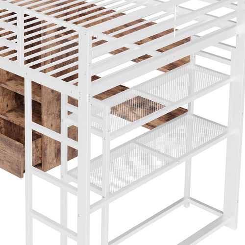 Lit Mezzanine 140x200 Cm Métal Avec LED, Bureau, Tiroir Et Étagères, Blanc