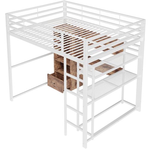 Lit Mezzanine 140x200 Cm Métal Avec LED, Bureau, Tiroir Et Étagères, Blanc