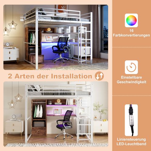 Lit Mezzanine 140x200 Cm Métal Avec LED, Bureau, Tiroir Et Étagères, Blanc