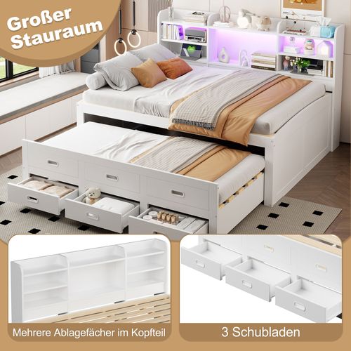 Lit gigogne 140x200 Cm Avec Tiroirs, LED Télécommandée, USB Et Type-c, Blanc