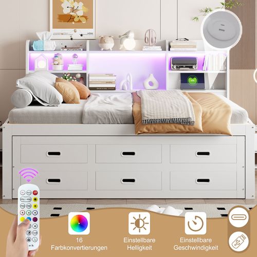 Lit gigogne 140x200 Cm Avec Tiroirs, LED Télécommandée, USB Et Type-c, Blanc