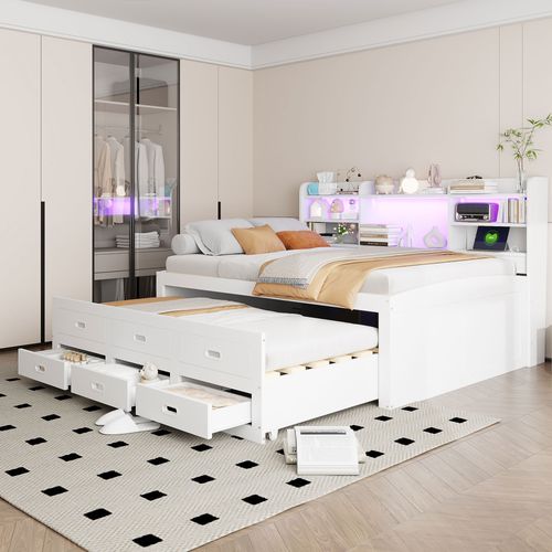 Lit gigogne 140x200 Cm Avec Tiroirs, LED Télécommandée, USB Et Type-c, Blanc