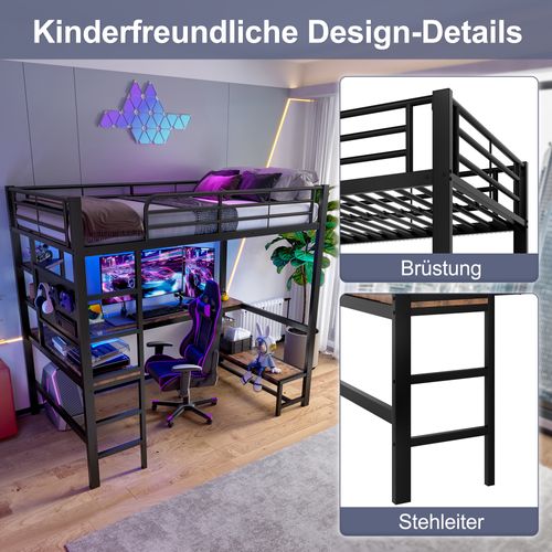 Lit Mezzanine 90x200 Cm En Métal Avec Bureau, LED, Rangements Et Prise USB Type-c, Noir