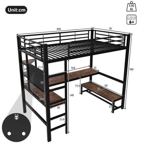 Lit Mezzanine 90x200 Cm En Métal Avec Bureau, LED, Rangements Et Prise USB Type-c, Noir