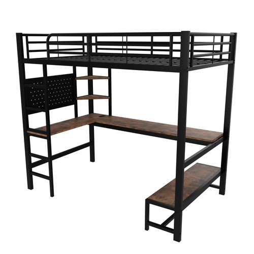 Lit Mezzanine 90x200 Cm En Métal Avec Bureau, LED, Rangements Et Prise USB Type-c, Noir