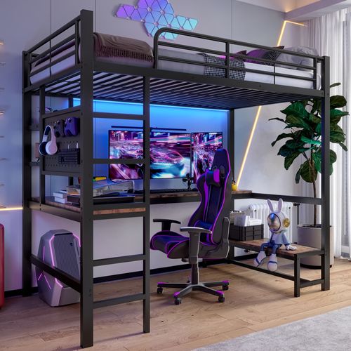 Lit Mezzanine 90x200 Cm En Métal Avec Bureau, LED, Rangements Et Prise USB Type-c, Noir