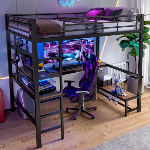 Lit Mezzanine 90x200 Cm En Métal Avec Bureau, LED, Rangements Et Prise USB Type-c, Noir