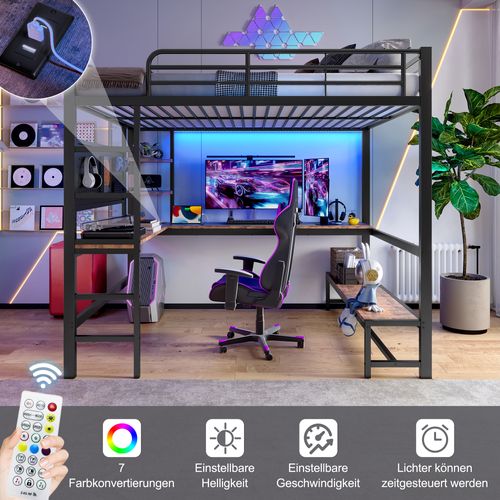 Lit Mezzanine 140x200 Cm En Métal Avec Bureau, LED, Rangements Et Prise USB Type-c, Noir