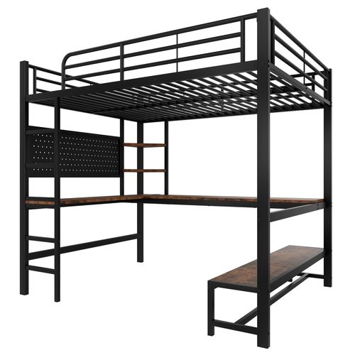 Lit Mezzanine 140x200 Cm En Métal Avec Bureau, LED, Rangements Et Prise USB Type-c, Noir