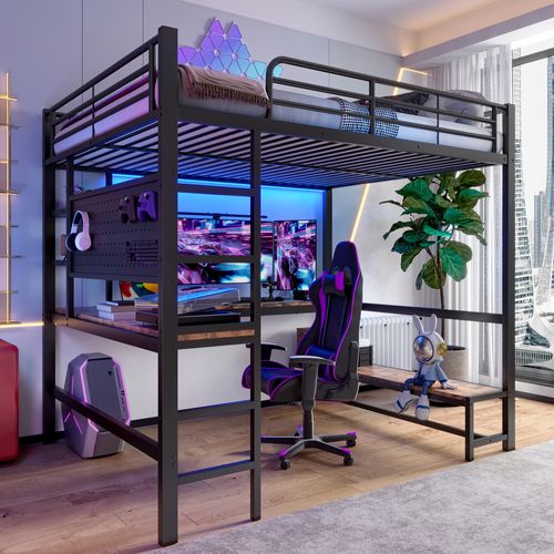 Lit Mezzanine 140x200 Cm En Métal Avec Bureau, LED, Rangements Et Prise USB Type-c, Noir
