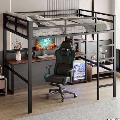 Lit Mezzanine 140x200 Cm Métal Avec Bureau, Rangements Et Prises USB Type-c, Noir