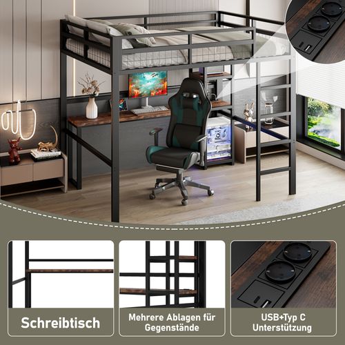 Lit Mezzanine 140x200 Cm Métal Avec Bureau, Rangements Et Prises USB Type-c, Noir