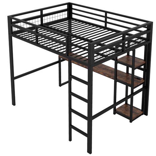 Lit Mezzanine 140x200 Cm Métal Avec Bureau, Rangements Et Prises USB Type-c, Noir