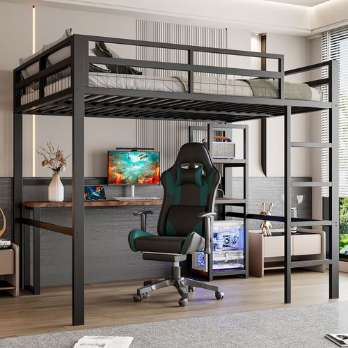 Lit Mezzanine 140x200 Cm Métal Avec Bureau, Rangements Et Prises USB Type-c, Noir