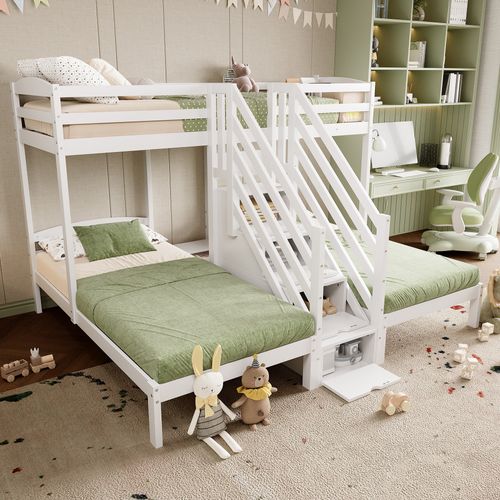 Lit Superposé Triple 90x200 Cm En Pin Avec Rangement, Échelle Et Barrières, Blanc