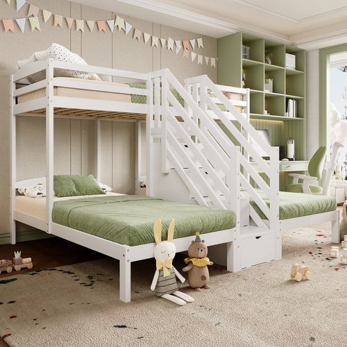 Lit Superposé Triple 90x200 Cm En Pin Avec Rangement, Échelle Et Barrières, Blanc