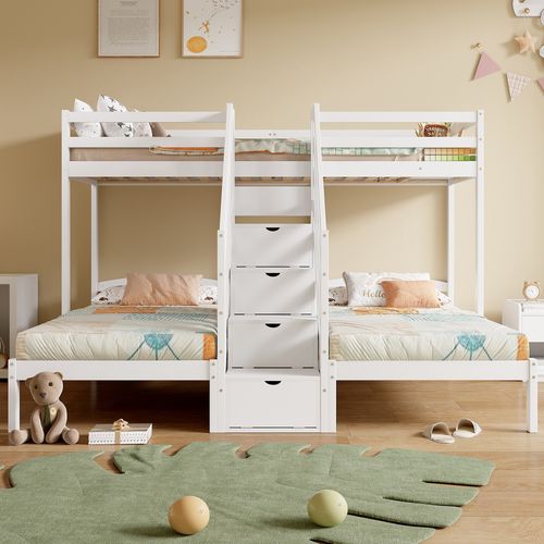 Lit Superposé Triple 90x200 Cm En Pin Avec Rangement, Échelle Et Barrières, Blanc