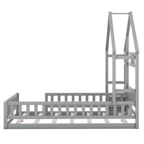 Lit Enfant Maison 140x190 Cm Avec Barrières Et Table De Chevet, Gris