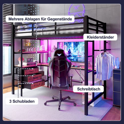 Lit Mezzanine 90x200 Cm Avec LED, Bureau, Rangement Et Prises, Noir