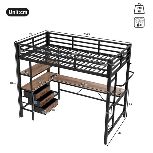 Lit Mezzanine 90x200 Cm Avec LED, Bureau, Rangement Et Prises, Noir