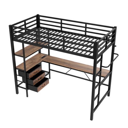 Lit Mezzanine 90x200 Cm Avec LED, Bureau, Rangement Et Prises, Noir