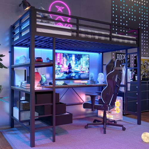 Lit Mezzanine 90x200 Cm Avec LED, Bureau, Rangement Et Prises, Noir