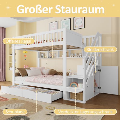 Lit Superposé 90x200 Cm Avec Armoire, Tiroirs Et Étagères, Blanc