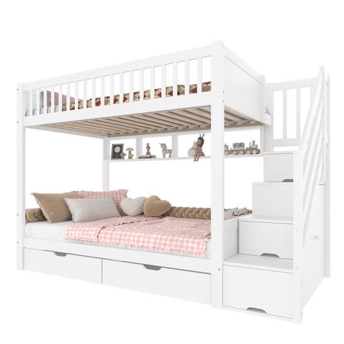 Lit Superposé 90x200 Cm Avec Armoire, Tiroirs Et Étagères, Blanc