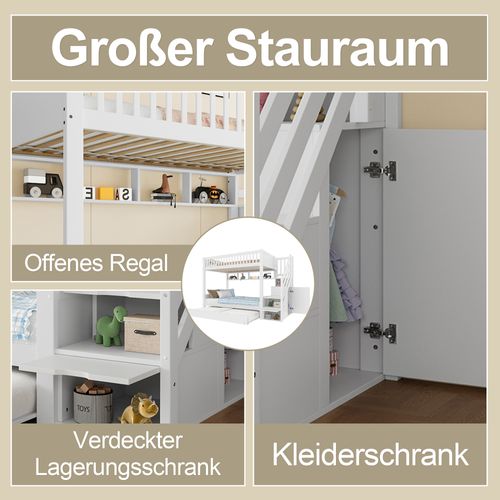 Lit Superposé 90x200 Cm Avec Lit Gigogne, Armoire Et Rangements, Blanc