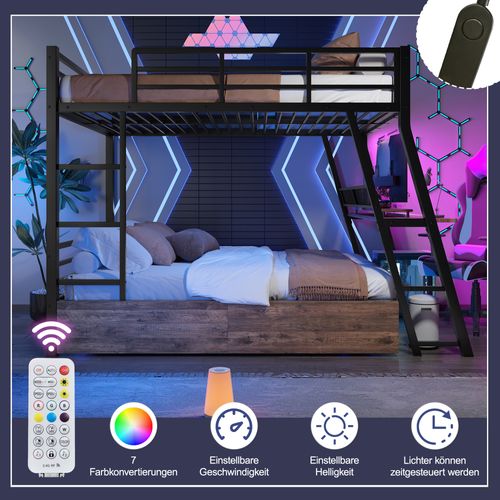 Lit Mezzanine 140x200 Cm Avec Bureau, LED, Tiroirs Et Échelle, Structure En Métal Noir