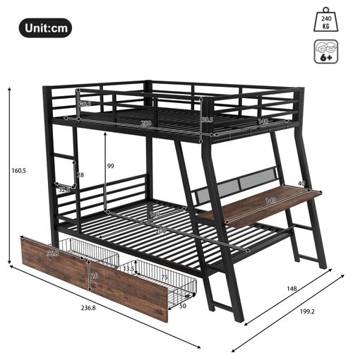 Lit Mezzanine 140x200 Cm Avec Bureau, LED, Tiroirs Et Échelle, Structure En Métal Noir
